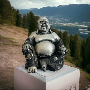 Silver Tone Happy Buddha Statue Sitting 6" Polyresin Prosperity Meditation Decor